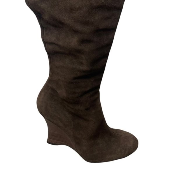 ZARA Brown Suede Leather Wedge Cuffed Knee High Boots Size 37 Made in Spain GUC - Picture 2 of 10